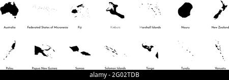 Illustrazione nera vettoriale con mappe semplificate di tutti gli stati dell'Oceania (paesi: Australia, Micronesia, Figi, Isole Marshall e altri). Illustrazione Vettoriale