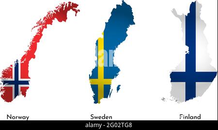 Icone di illustrazione semplificate con sagome delle mappe di Finlandia, Norvegia e Svezia. Bandiere nazionali. Sfondo bianco (jpg). Illustrazione Vettoriale