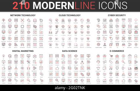 Connessione di rete Internet tecnologia cloud, cyber sicurezza, marketing digitale sottile rosso linea nera icona vettore illustrazione set. Informazioni sull'archiviazione di dati scientifici, commercio online, raccolta di acquisti Illustrazione Vettoriale
