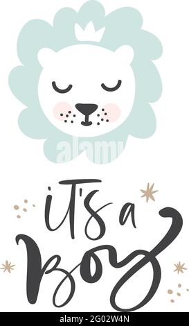 Leone disegnata a mano illustrazione vettore in stile doodle e calligrafia testo s ragazzo. Testa leone carina. Bambini, baby design per carte, poster, parete per vivai Illustrazione Vettoriale