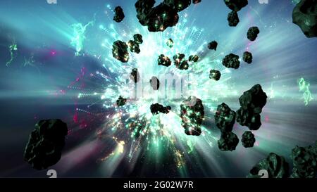 Illustrazione 3d - campo di Nebula e asteroide in Deep Space Foto Stock
