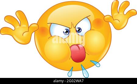 Il viso arrabbiato e malizioso emoticon di emoji fa un grimace, attaccando la lingua e giocando con le mani per un comportamento scorretto. Illustrazione Vettoriale