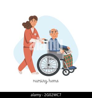 Un uomo anziano in sedia a rotelle e un'infermiera femminile su sfondo bianco. Lavoratore sociale che cammina con nonno in una sedia a rotelle. Casa di cura. Persone anziane Illustrazione Vettoriale
