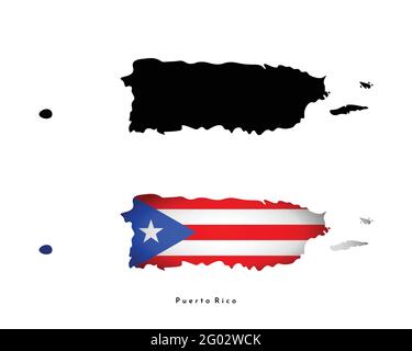 Vettore isolato illustrazione semplificata iconы con silhouette nera di Puerto Rico (isole) mappa e con bandiera nazionale portoricano Illustrazione Vettoriale