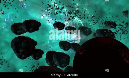 Illustrazione 3d - campo di Nebula e asteroide in Deep Space Foto Stock
