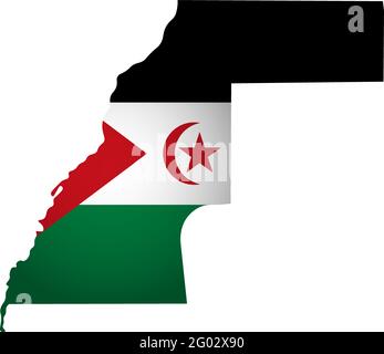 Illustrazione con bandiera nazionale del Sahara occidentale con la forma semplificata di questa mappa (jpg). Ombra di volume sulla mappa Illustrazione Vettoriale