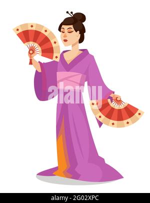 Geisha che tiene i ventilatori. Personaggio giapponese femminile in stile cartoon. Illustrazione Vettoriale