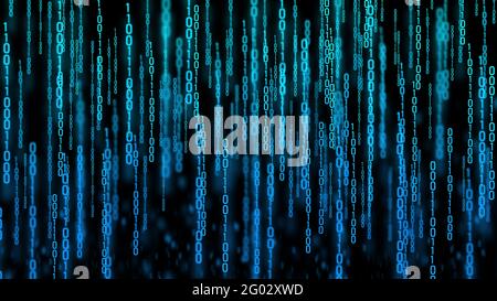 Codice binario blu astratto su sfondo nero. Linee blu di codice binario Foto Stock