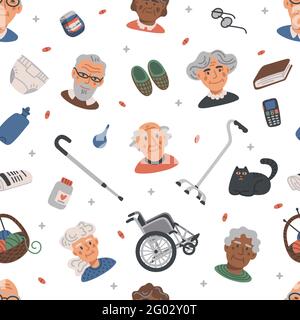 Modello senza cuciture con persone anziane. Ritratti di persone anziane e articoli per la casa di cura su sfondo bianco, concetto di assistenza medica. Casa di cura. Senior Illustrazione Vettoriale