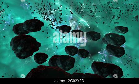 Illustrazione 3d - campo di Nebula e asteroide in Deep Space Foto Stock