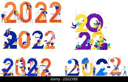 Nuovo anno 2022. Incontro del nuovo anno. Vettore. Gli uomini d'affari salutano Natale e Capodanno. Nuovi orizzonti. Preparazione per la vacanza. Metazo aziendale Illustrazione Vettoriale