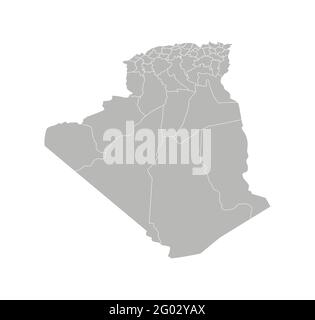 Vettore isolato illustrazione della mappa amministrativa semplificata dell'Algeria. Confini delle province (regioni). Sagome grigie. Contorno bianco. Illustrazione Vettoriale