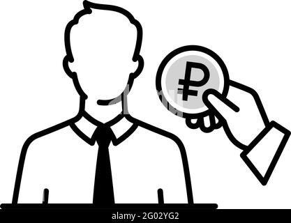 Icona del profilo di un uomo d'affari e una moneta con un segno ruble. Investimenti e prestiti. Prestare denaro. La necessità di denaro. Vettore. L'immagine è isolata su una w Illustrazione Vettoriale