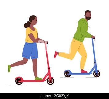 Uomo e donna che cavalcano scooter elettrici a piedi. Illustrazione Vettoriale