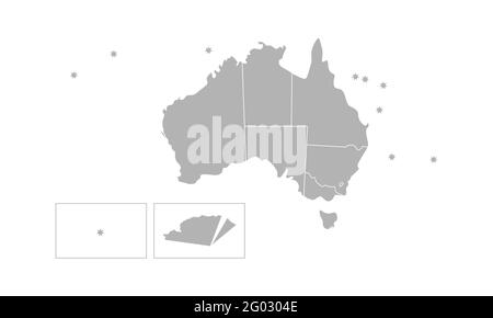 Vettore isolato illustrazione della mappa amministrativa semplificata dell'Australia. Confini delle province (regioni). Sagome grigie. Contorno bianco. Illustrazione Vettoriale