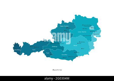 Illustrazione vettoriale isolata. Mappa amministrativa semplificata dell'Austria in blu. Sfondo bianco e contorni. Nomi delle città austriache e sta Illustrazione Vettoriale
