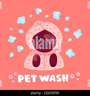 Concetto di cura degli animali domestici. Happy lap-dog in un asciugamano e accappatoio nel salone termale. Cura del cane, cura del corpo, igiene, salute. Negozio di animali, accessori. Vettore di stile piatto Illustrazione Vettoriale