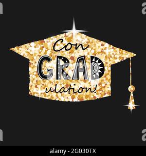 Congratulazioni per la laurea, berretto oro con scritta a conradulazione in sfondo nero. Biglietto d'auguri per una festa di laurea Illustrazione Vettoriale