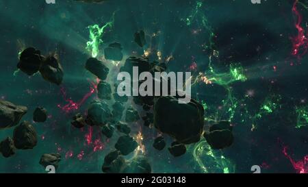 Illustrazione 3d - campo di Nebula e asteroide in Deep Space Foto Stock