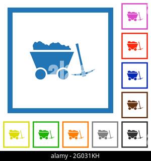 Caricamento del carrello della miniera e delle icone di colore piatto del piccone in quadrato cornici su sfondo bianco Illustrazione Vettoriale