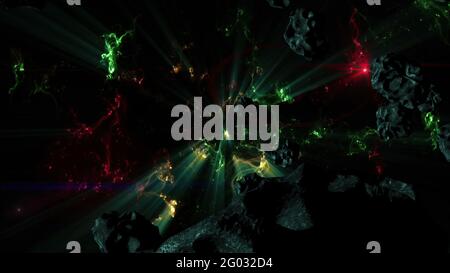 Illustrazione 3d - campo di Nebula e asteroide in Deep Space Foto Stock