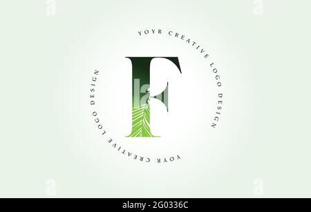 Logo Exotic Letter F con motivo foglia di palma icona del logo Texture Design. Logo Creative Palm Tree Letter con Modern Leafs Organic Natural Bio idea. Illustrazione Vettoriale