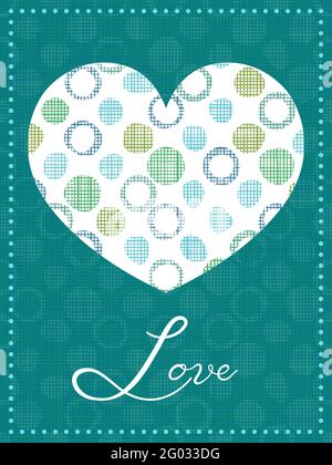 Tessuto tessuto vettoriale in bolle e punti. Cornice con simbolo di silhouette del cuore. Modello invito, modello biglietto di auguri. Illustrazione Vettoriale