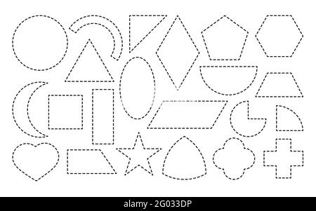 Set di forme geometriche, icona con linea tratteggiata tracciata. Forme matematiche semplici quadrate e rettangolari, ellissi, triangoli o altro. Materiale didattico per l'apprendimento del gioco isolato su illustrazione vettoriale bianca Illustrazione Vettoriale