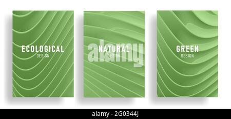 Set di poster verdi in natura copre con onde 3d che formano una superficie elegante, elegante sfondo Illustrazione Vettoriale