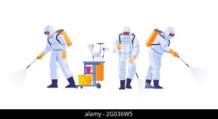 Disinfezione domestica mediante servizio di pulizia. Persone in tute protettive contro virus e maschera disinfettando edifici di coronavirus con l'irroratrice. Cartoon piatto Illustrazione Vettoriale