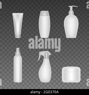 Set di diverse bottiglie di protezione solare. Mockup bianco Illustrazione Vettoriale