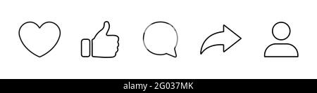 Le icone dei social media sono impostate come Condividi commento amore ripost admin simboli grafici a linea piatta della silhouette dell'utente Illustrazione Vettoriale