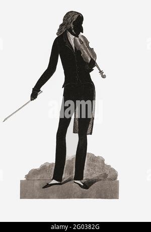 Silhouette del virtuoso violinista italiano, chitarrista e compositore Niccolo Paganini, 1782 - 1840. Foto Stock
