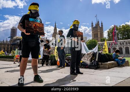 LONDRA, UK – circa Settembre 2020: Estinzione i manifestanti della ribellione detengono immagini di disastri naturali causati dal cambiamento climatico durante una dimostrazione Foto Stock