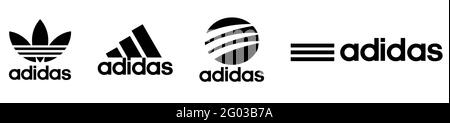 Vinnytsia, Ucraina - 30 maggio 2021: Collezione di logo Adidas. Qualità superiore. Icona vettoriale editoriale isolata su sfondo bianco Illustrazione Vettoriale