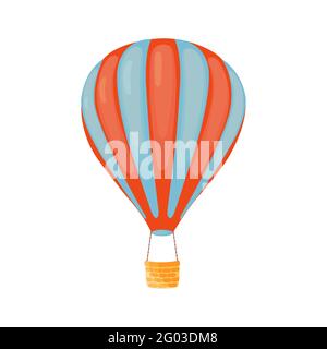 Pallone aerostatico a strisce rosso-blu con cesto in stile cartone animato isolato su sfondo bianco. Design piatto con palloncino ad aria calda. Concetto di turismo d'avventura. Illustrazione Vettoriale