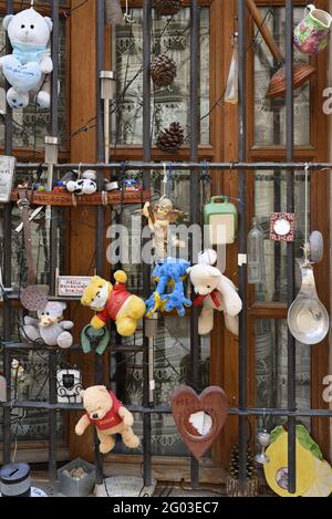 Curiosa o insolita finestra di casa cittadina decorata con Knick-Knacks e giocattoli coccolati nella città vecchia Saint Remy de Provence Provence France Foto Stock