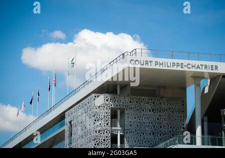 Corte Philippe-Chatrier illustrazione davanti al Roland-Garros 2021, Grand Slam torneo di tennis, Qualifiche, il 27 maggio 2021 allo stadio Roland-Garros a Parigi, Francia - Foto Rob Prange / Spagna DPPI / DPPI / LiveMedia Foto Stock
