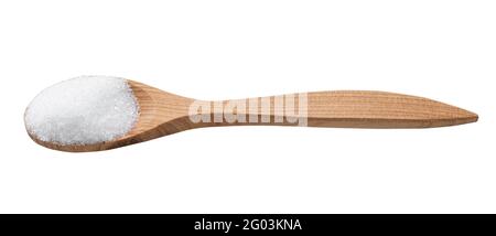 sostituto cristallino dello zucchero eritritolo in cucchiaio di legno isolato su bianco sfondo Foto Stock