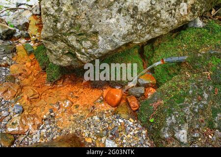 Fonte d'acqua ferruginosa sulle Alpi italiane Foto Stock