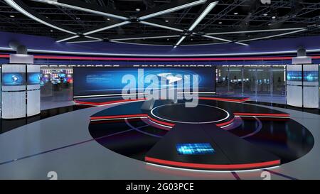 Virtual TV Studio News Set 31. Sfondo verde dello schermo. Rendering 3d. Virtual Set Studio per riprese cromatiche. Foto Stock