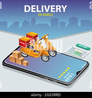 Consegna rapida in scooter su cellulare. Concetto di e-commerce. Infografica online sugli ordini alimentari. Pagina Web, design dell'app. Sfondo grigio e blu. Illustrazione Vettoriale
