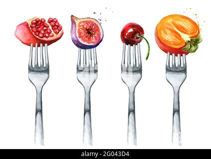 Melograno, fico, ciliegia, persimmon su una forchetta. Concetto di dieta e di alimentazione sana. Illustrazione di acquerello disegnata a mano isolata su sfondo bianco Foto Stock