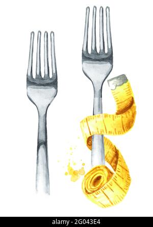 Forcella e nastro di misurazione. Concetto di dieta e di alimentazione sana. Illustrazione di acquerello disegnata a mano isolata su sfondo bianco Foto Stock