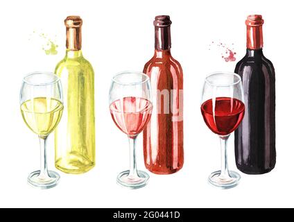 Set di bottiglia e bicchiere di vino. Illustrazione di acquerello disegnata a mano, isolata su sfondo bianco Foto Stock