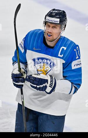 Marko Anttila (fin) in azione durante il Campionato del mondo di hockey su ghiaccio IIHF 2021, Gruppo B match Germania vs Finlandia, giocato a riga, Lettonia, il 29 maggio, Foto Stock