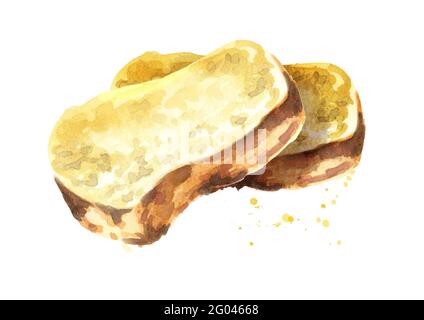 Fette di pane. Immagine disegnata a mano con acquerello isolata su sfondo bianco Foto Stock