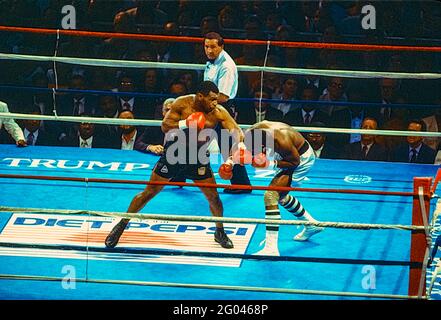 Mike Tyson vs Michael Spinks nel titolo di campionato dei pesi massimi combattono dove Tyson ha vinto in 91 secondi nel primo round. Foto Stock