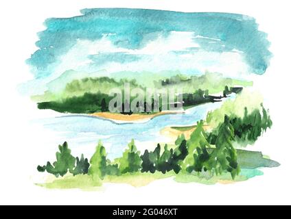 Paesaggio con fiume. Illustrazione disegnata a mano con acquerello Foto Stock