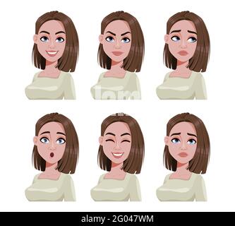 Espressioni del volto della donna con i capelli marroni. Diverse emozioni femminili. Bel personaggio cartoon. L'illustrazione vettoriale può essere utilizzata per avatar, emo Illustrazione Vettoriale